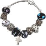 Classic Black & White Remembrance Bead Memorial Bracelet with cross charm