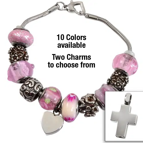 Remembrance Bead Memorial Bracelet with cross charm, engraved