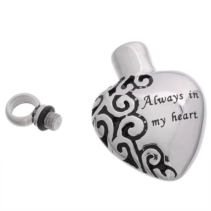 Always in my heart memorial cremation pendant, stainless steel, open