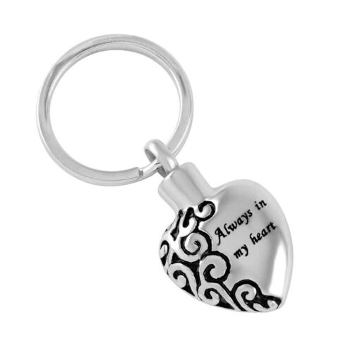 Always in my heart memorial cremation pendant keychain, stainless steel