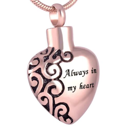 Always in my heart memorial cremation pendant, stainless steel, rose gold color