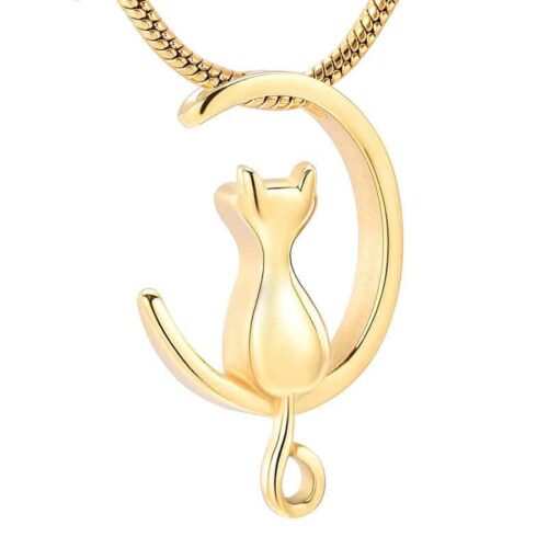 Cat In Moon Stainless Steel Memorial Cremation Pendant, gold color