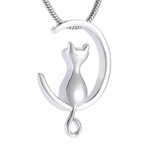 Cat In Moon Stainless Steel Memorial Cremation Pendant, silver color