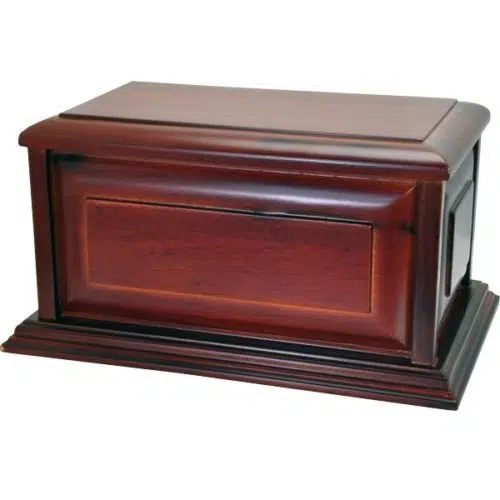 Cherry wood finish raised panel cremation urn