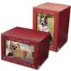 MDF wood memorial pet photo urn, cherry finish, engraved, horizontal & vertical