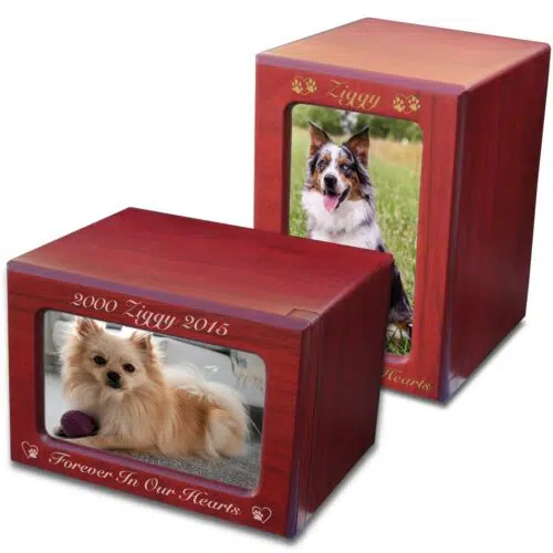 MDF wood memorial pet photo urn, cherry finish, engraved, horizontal & vertical