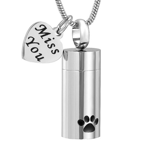 Pet cremation memorial pendant cylinder with paw print & heart charm, stainless steel