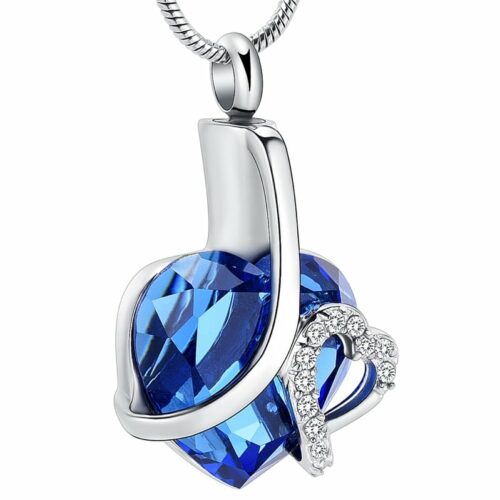 Stainless steel glass heart with clear stones memorial cremation pendant, blue