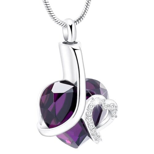 Stainless steel glass heart with clear stones memorial cremation pendant, purple