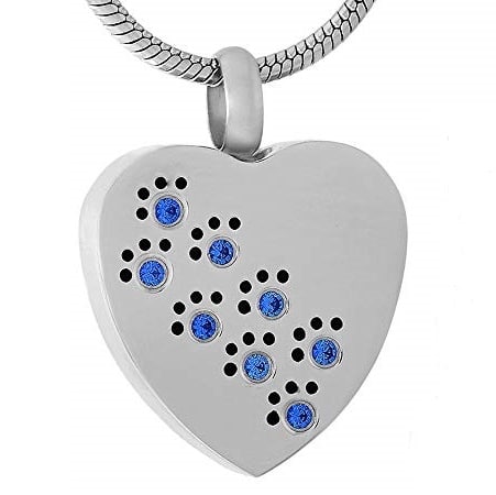 Heart Paw Prints pet memorial cremation pendant, stainless steel, blue stones