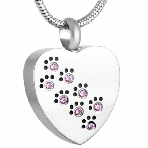 Heart Paw Prints pet memorial cremation pendant, stainless steel, pink stones