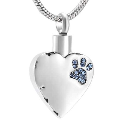 Stainless steel heart with blue paw print stones cremation memorial pendant
