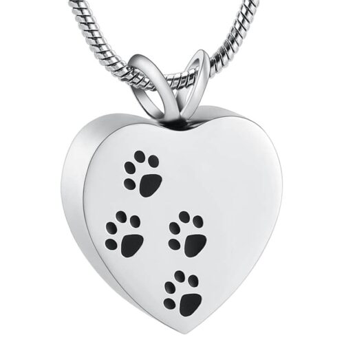 Heart with paw prints pet memorial cremation pendant, stainless steel