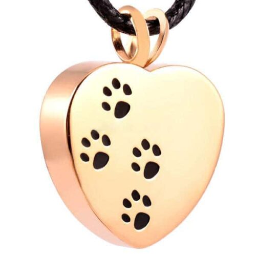 Heart with paw prints pet memorial cremation pendant, stainless steel, gold color