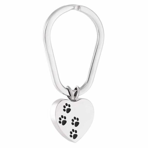 Heart with paw prints pet memorial cremation pendant keychain, stainless steel