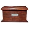 Large stately wood cremation urn with silver plaque