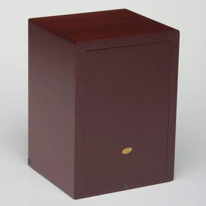 Red Cherry Finish MDF wood photo holder pet memorial urn, back view