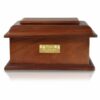 Stately wood cremation urn, small plaque on front