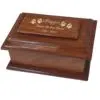 Stately wood cremation urn, engraved wood top, gold fill