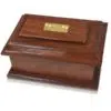 Stately wood cremation urn, small plaque on top