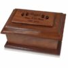 Stately wood cremation urn, engraved wood top