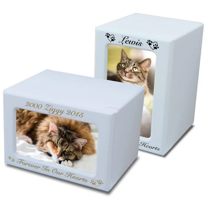 MDF wood memorial pet photo urn, white finish, engraved, horizontal & vertical