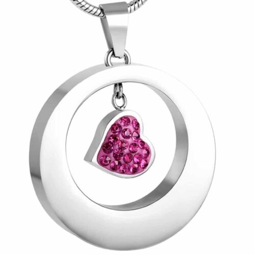 Stainless steel cremation jewelry memorial pendant - circle with small pink stone