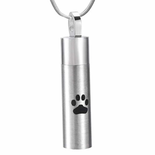 Cylinder pet memorial cremation urn pendant with paw print, stainless steel