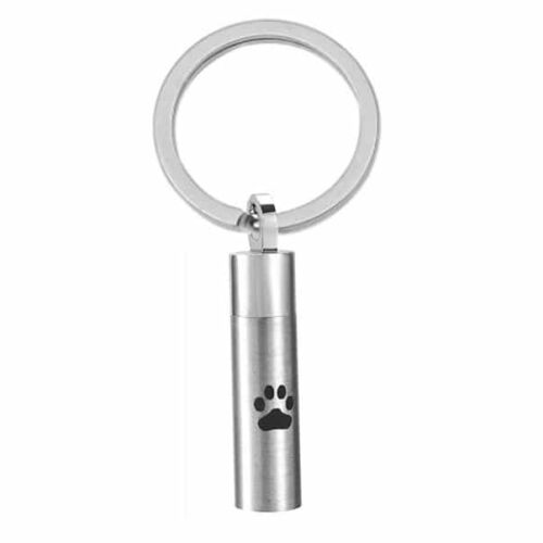 Cylinder pet memorial cremation urn pendant key chain with paw print, stainless steel