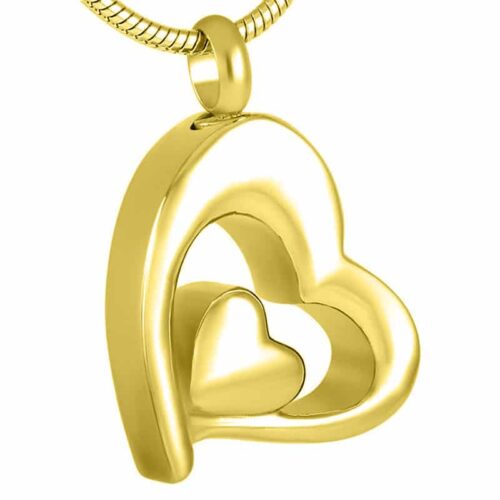 Gold color double heart memorial urn cremation pendant, stainless steel