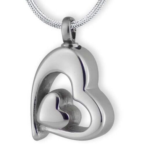 Double heart memorial urn cremation pendant, stainless steel