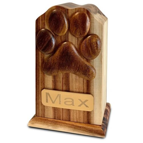 Hardwood dog or cat memorial cremation urn with paw print