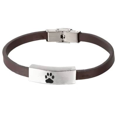 brown leather memorial cremation bracelet with paw print, smooth