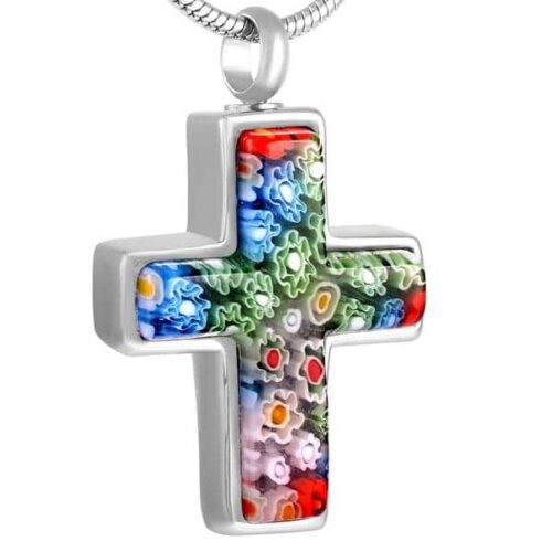 Millefiori Glass Cross memorial cremation urn pendant