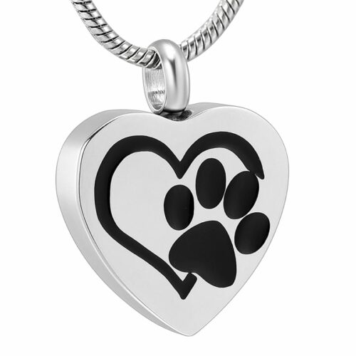 Heart with paw print memorial cremation pendant, stainless steel