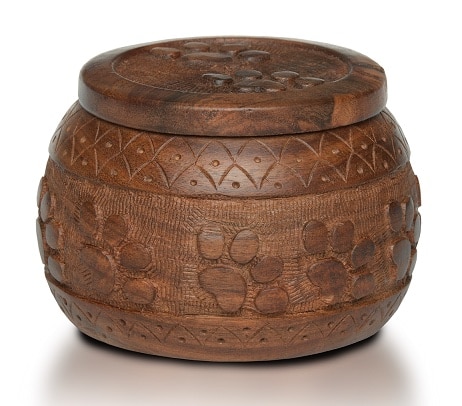 Rosewood memorial cremation jar urn with hand carved paw prints, up to 15 pounds