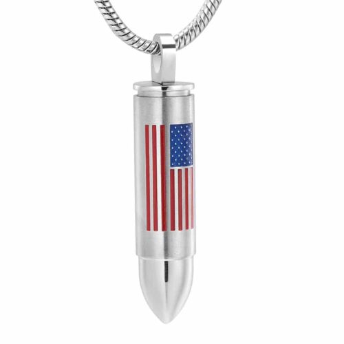 Silver bullet with American flag cremation memorial pendant, stainless steel