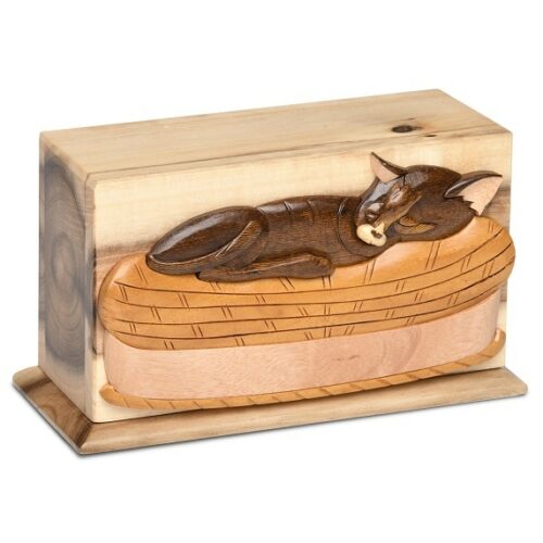 Sleeping cat hardwood memorial cremation urn