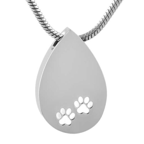 Teardrop with paw prints pet memorial cremation pendant, stainless steel