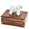 Bichon Frise dog figurine memorial cremation urn, medium with engraved wood