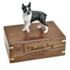 Black & white Boston Terrier dog figurine memorial cremation urn, medium with engraved wood