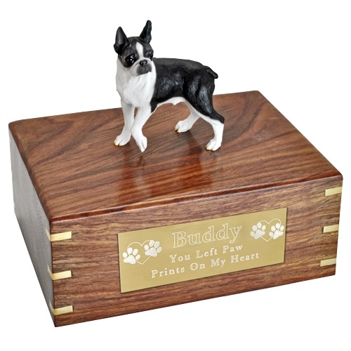 Black & white Boston Terrier dog figurine memorial cremation urn, large with engraved plaque