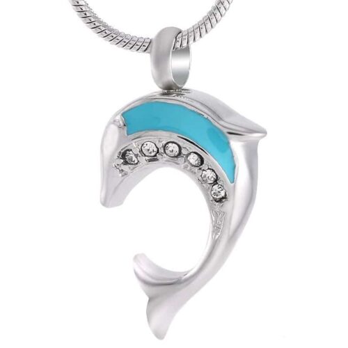 Blue Dolphin With Clear stones stainless steel memorial cremation keepsake urn pendant