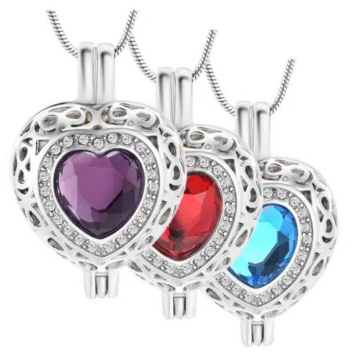 Stainless steel heart locket memorial cremation pendant with stone, all colors