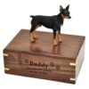 Miniature Doberman Pinscher Min Pin figurine memorial cremation urn, engraved wood