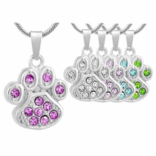 Paw Print With Stones pet memorial cremation urn pendant, all colors