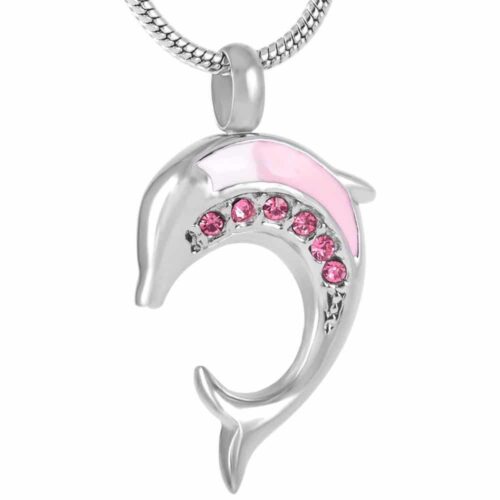 Pink Dolphin With Clear stones stainless steel memorial cremation keepsake urn pendant