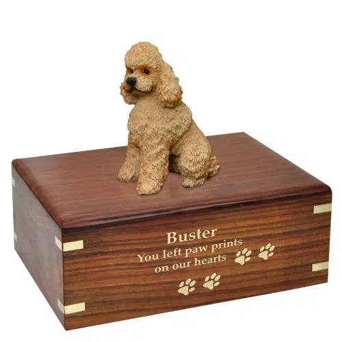 Sport cut apricot poodle dog pet memorial cremation urn, wood engraving with gold fill