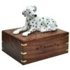 Laying Dalmatian dog figurine memorial cremation urn, engraved wood