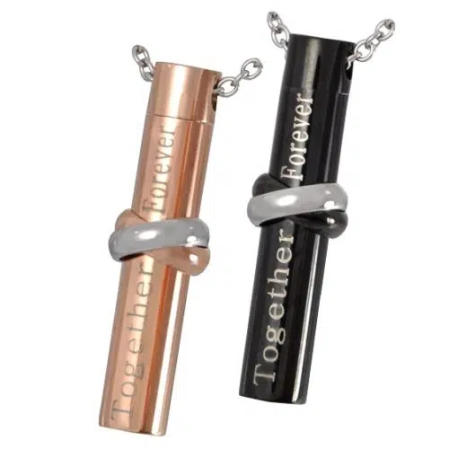 Together Forever Titanium cylinder cremation memorial urn pendant, copper and black color